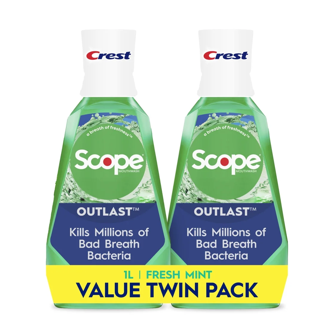 Crest Scope Outlast Fluoride Mouthwash, Fresh Mint Oral Rinse, 1L, 2 Pack