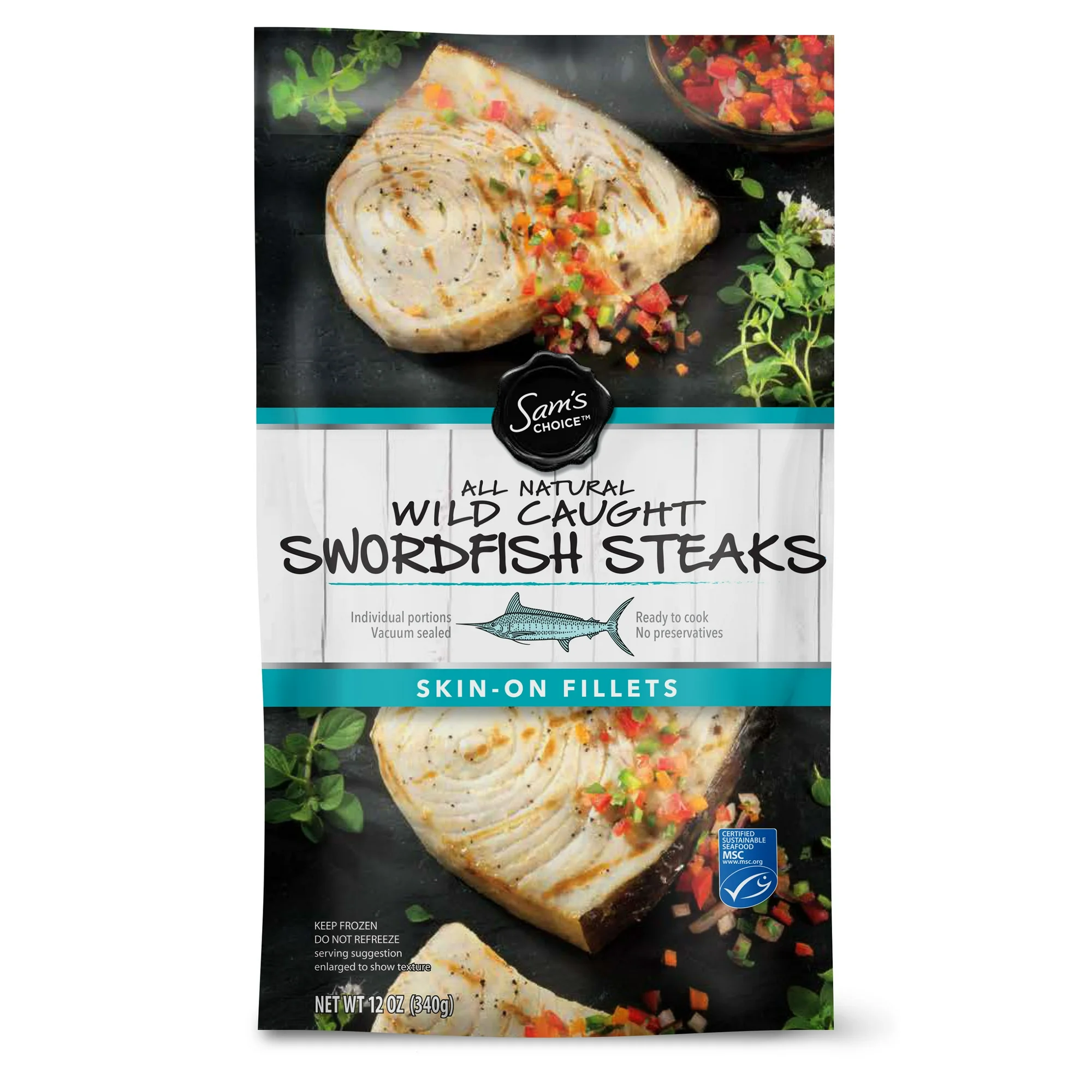 Marketside Frozen All Natural Wild Caught Swordfish Steaks, Skin-on Fillets in Vacuum Sealed Portions, 12 oz