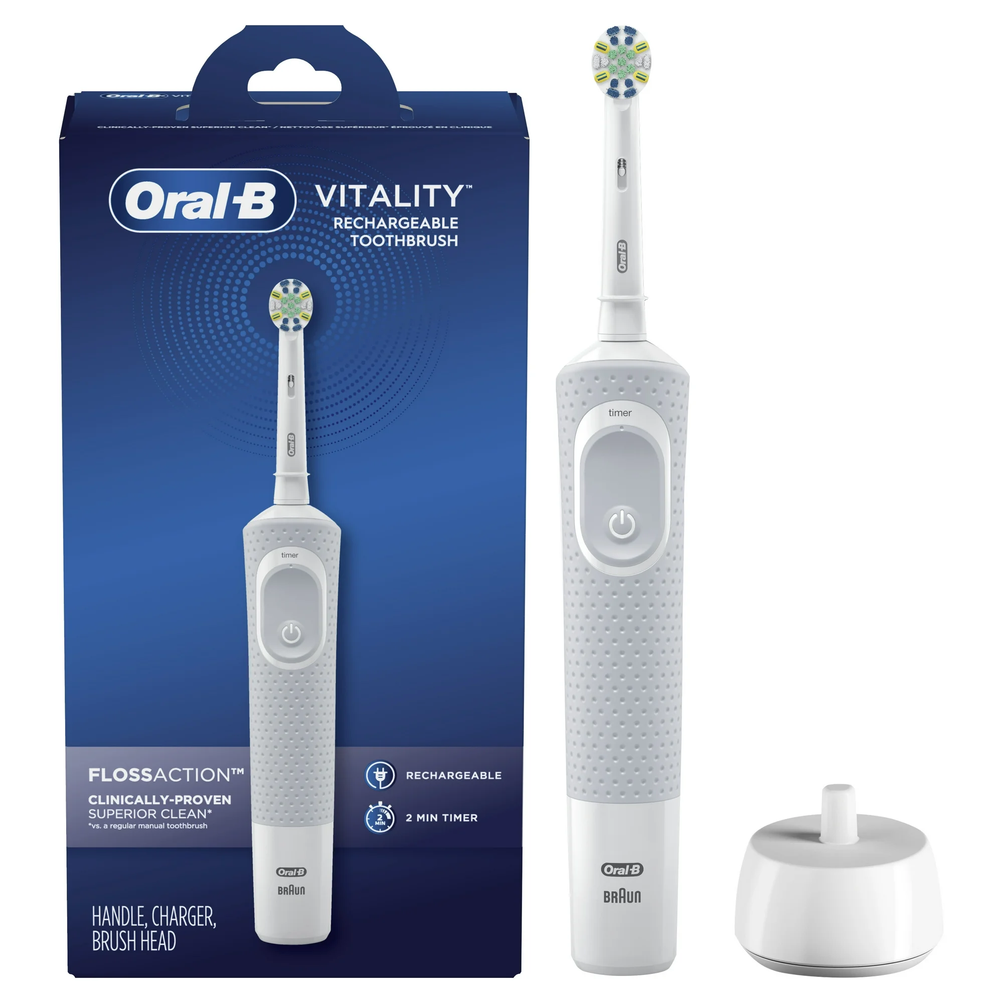 Oral-B Vitality FlossAction Rechargeable Electric Toothbrush, White, Adults & Children 3+