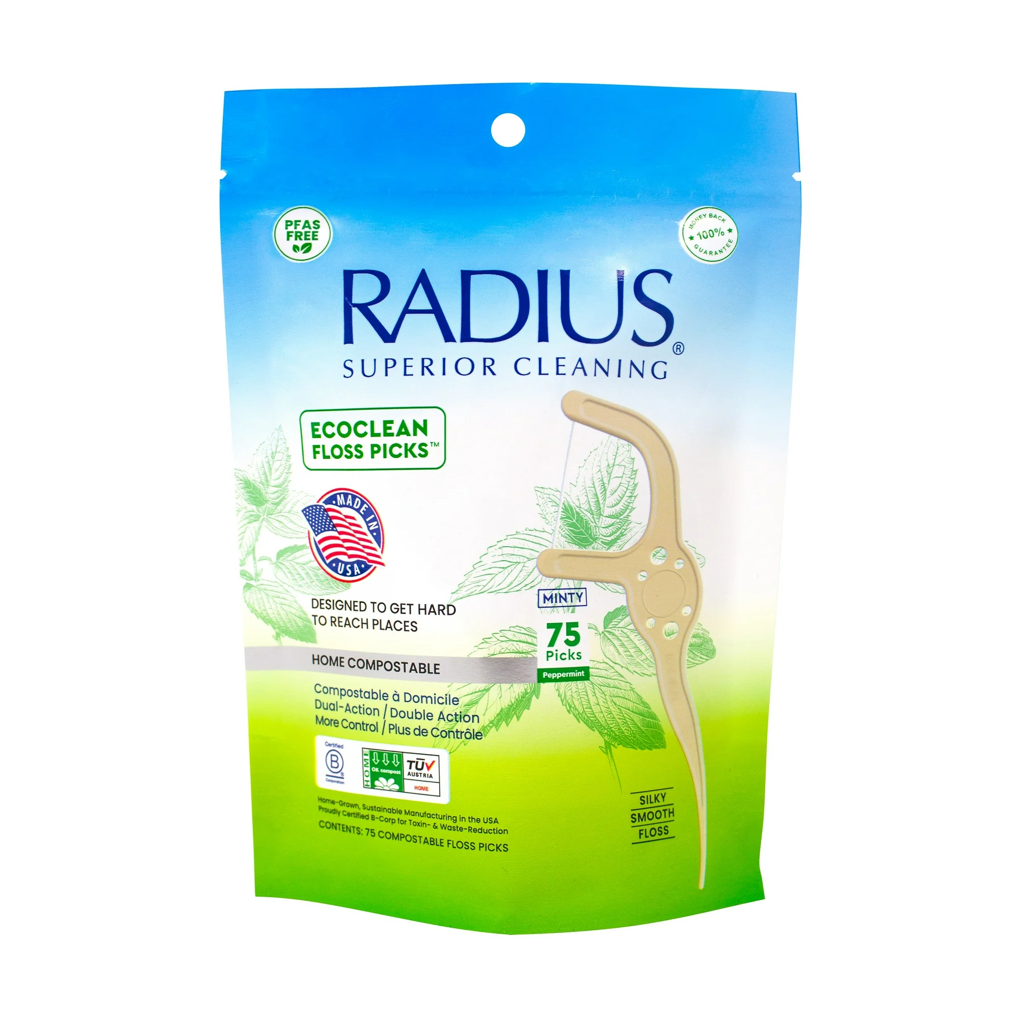 RADIUS EcoClean Compostable Dental Floss Pick, Adult, Peppermint, Eco-Friendly Dental Care, 75 Count